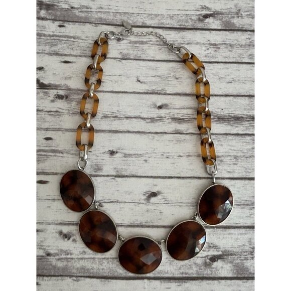 Ann Taylor Tortoise Shell Chunky Silver Collar Statement Toggle Necklace 11" - Picture 1 of 7